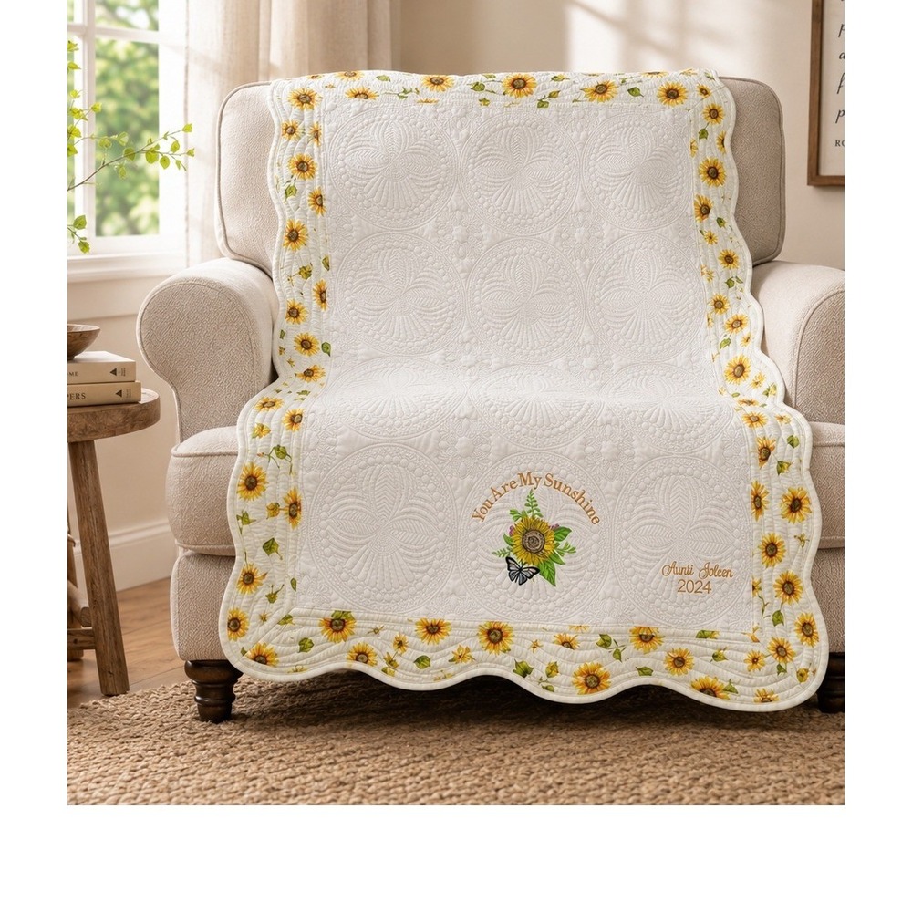 Handmade‎ Sunflower Embroidered Quilt Throw Blanket You Are My Sunshine Cottage
